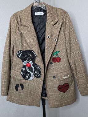 Checked Plaid Embroidered Patch Blazer - Brown